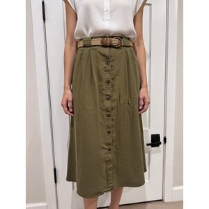 Rafaella Khaki Midi Skirt Womens XL Linen Olive Green Safari Belted Strech Waist